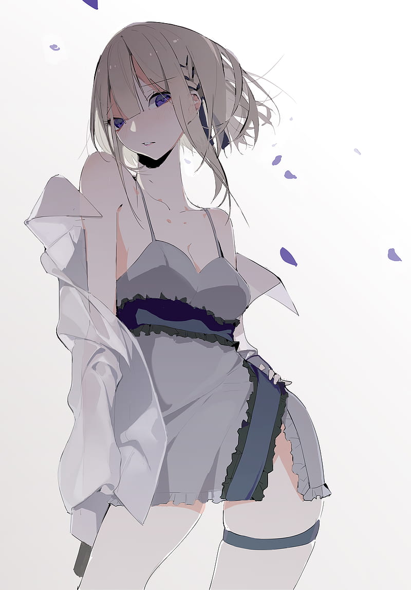anime, anime girls, Songruan, ash blonde, purple eyes, dress, Pixiv, standing, looking at viewer, white background, simple background, HD phone wallpaper