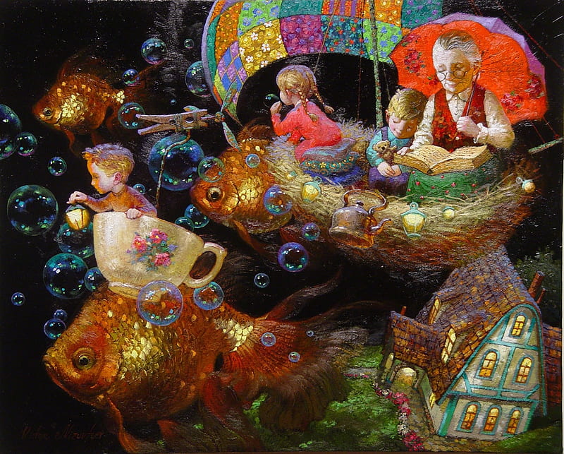 Grandmother's tales, red, fish, children, umbrella, grandmother, fantasy, painting, bubbles, tales, dream, pictura, victor nizovtsev, art, luminos, black, ship, copil, HD wallpaper
