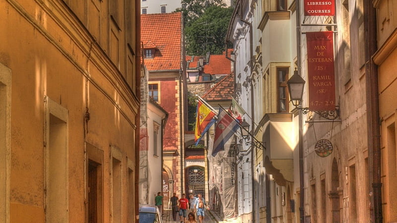 old bratislava, city, alley, hill, flags, HD wallpaper