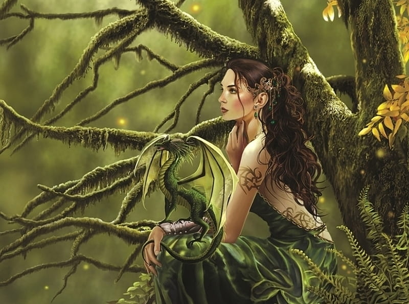 Queen of fate, nene thomas, forest, art, fantasy, luminos, green, girl, HD wallpaper