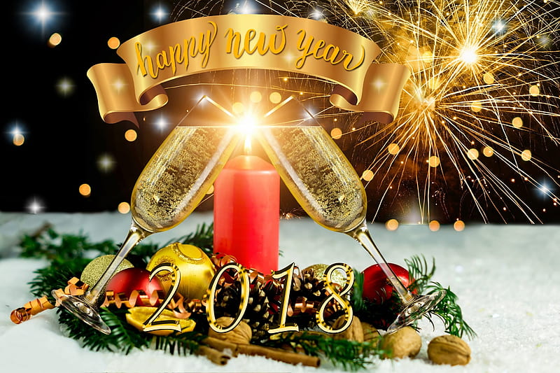 Happy New year -2018, Fireworks, Bokeh, Champagne, Holiday, Candle, HD