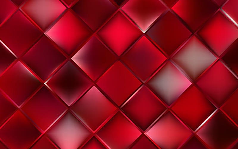 red rhombuses, red background, geometry, rhombuses texture, geometric shapes, red abstract background, HD wallpaper