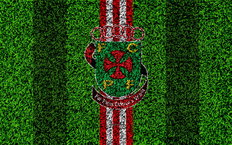 FC Pacos de Ferreira logo, football lawn, Portuguese football club, red white lines, Primeira Liga, Pacos de Ferreira, Portugal, football, Ferreira fc, HD wallpaper