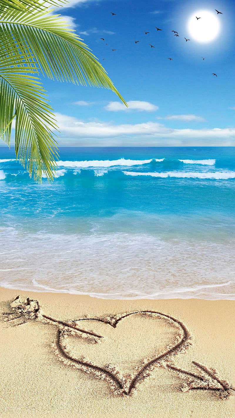 heart on the beach, beach, bird, cloud, heart, love, nature, palm, sand, sun, tree, wave, HD phone wallpaper