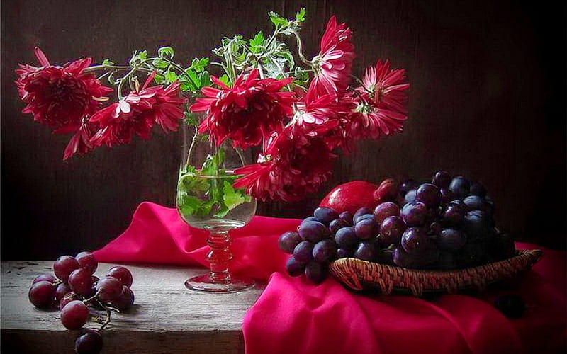 Red flowers and grapes, grapes, table, red, flowers, HD wallpaper