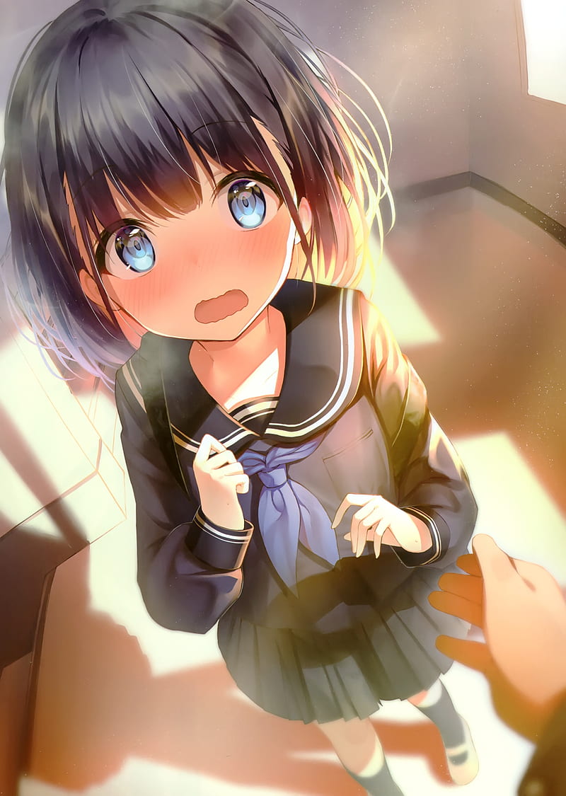 anime school girl, blushes, loli, school uniform, short hair, ribbon, sunlight, Anime, HD phone wallpaper