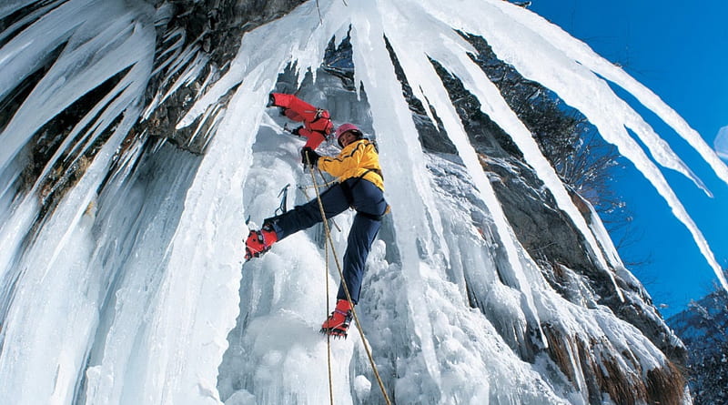climbing an ice mountain, mountain, climber, ice, ropes, HD wallpaper