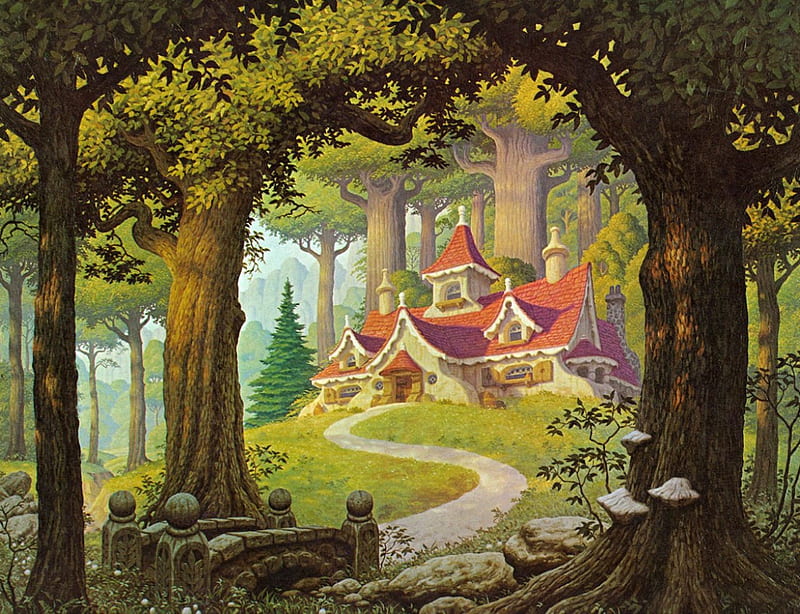 In The Woods, house, cottage, woods, painting, fairytale, HD wallpaper
