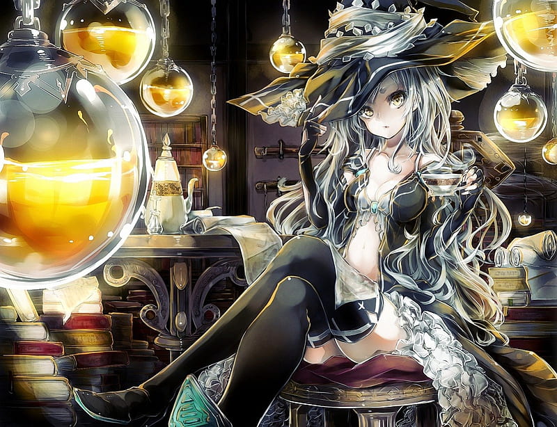 Sexy Witch, lovely, black, bonito, woman, sexy, candles, sweet, hat, cute, girl, anime, dark, beauty, crystal, bottles, light, HD wallpaper