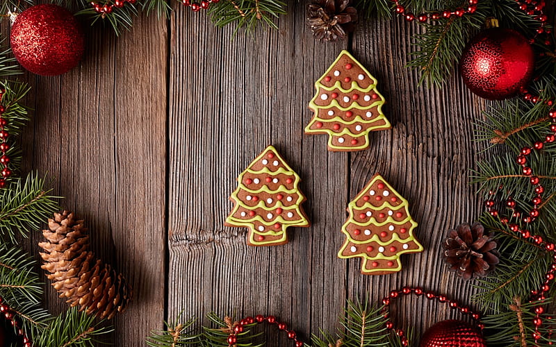 Merry Christmas!, deco, craciun, brown, christmas, pine cone, card, cookies, tree, gingerbread, wood, HD wallpaper