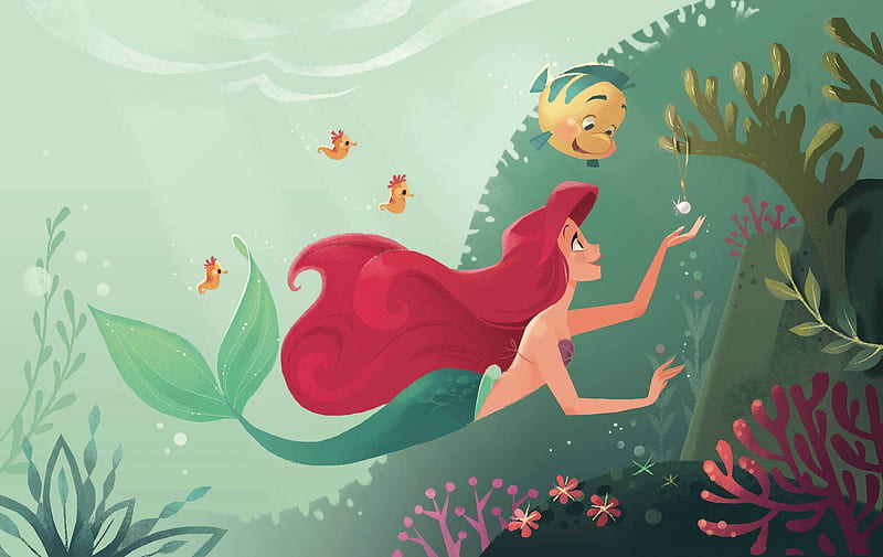 The Little Mermaid, The Little Mermaid (1989), Ariel (The Little Mermaid), Flounder (The Little Mermaid), Long Hair, Mermaid, Red Hair, Seahorse, HD wallpaper