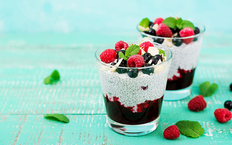 yogurt with berries, fruits, breakfast, berries, yogurt in glassful, yogurt, healthy food, fruit yogurt, HD wallpaper