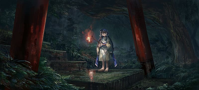 Anime, Night, Dark, Forest, Lantern, Torii, Original, Japanese Clothes, HD wallpaper