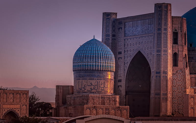 Bibi-Khanym Mosque, Khanum, evening, sunset, mosque, Samarkand, Uzbekistan, Samarkand landmark, HD wallpaper