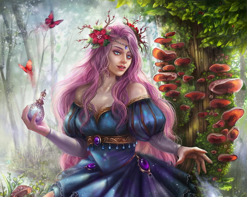 Fantasy girl, luminos, girl, mushroom, fairy, forest, shabnam nekounazar, dress, frumusete, fantasy, pink, blue, HD wallpaper