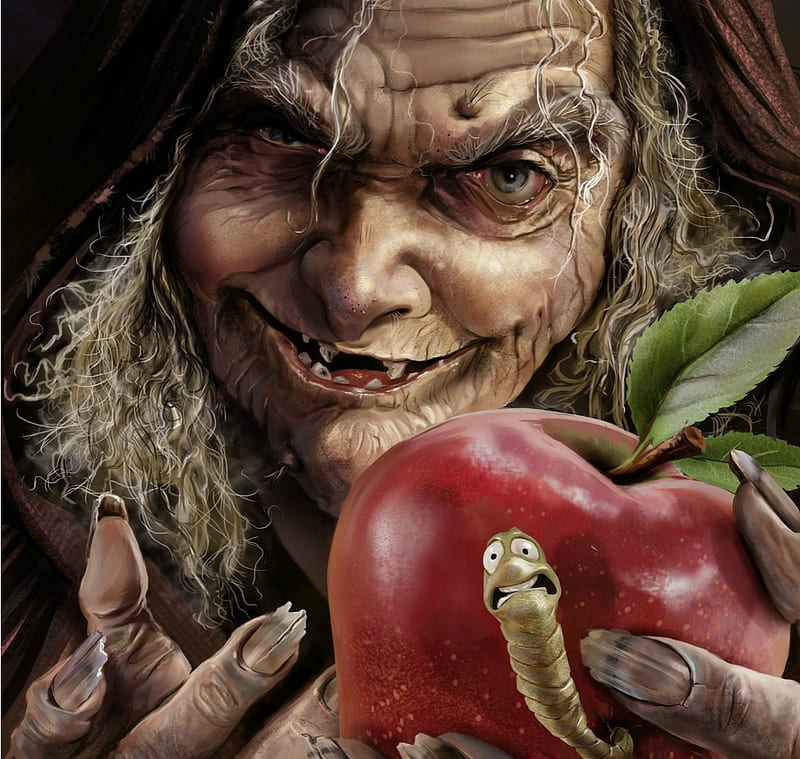 No, Snow White, no!, apple, old woman, red, witch, art, luminos, worm, snow white, fruit, cris delara, fantasy, funny, face, humour, HD wallpaper