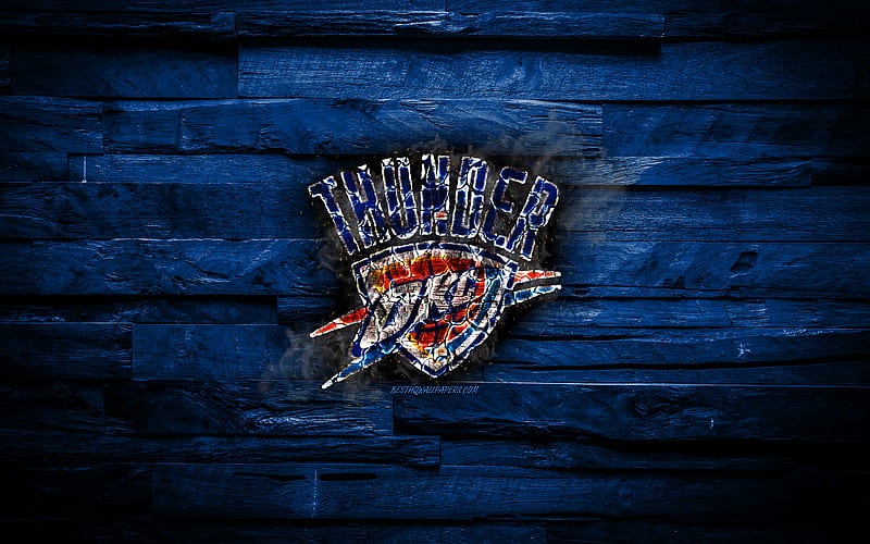 Oklahoma City Thunder scorched logo, NBA, blue wooden background, american basketball team, Western Conference, OKC, grunge, basketball, Oklahoma City Thunder logo, fire texture, USA, HD wallpaper