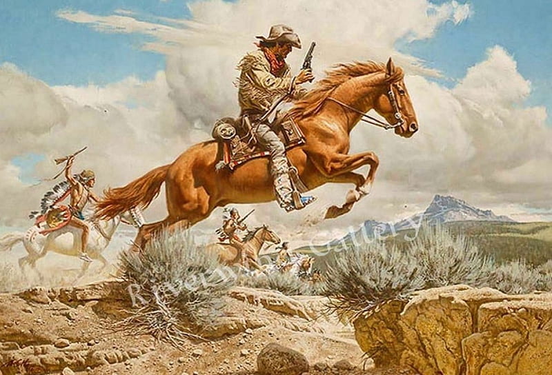 Forward !, painting, natives, cowboy, artwork, horses, landscape, HD wallpaper