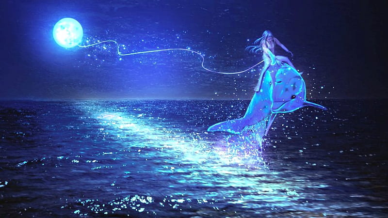 My moonlight dolphin, moon, luminos, marilucia, sea, fantasy, moon, water, girl, summer, blue, night, HD wallpaper