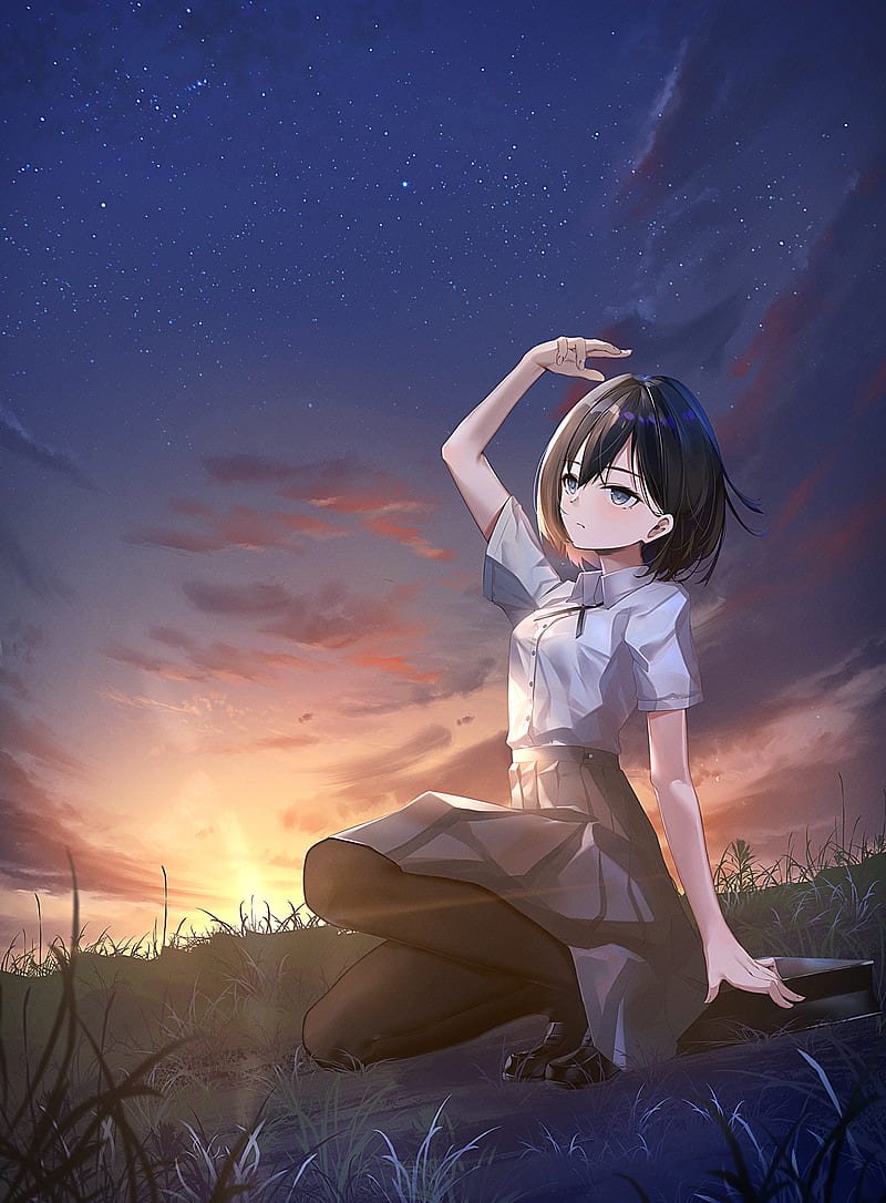 anime, anime girls, Ka11_CA, sunset, short hair, black hair, HD phone wallpaper