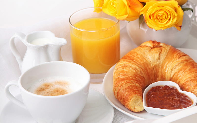 coffee, juice, croissant, breakfast, healthy food, coffee with croissant, HD wallpaper