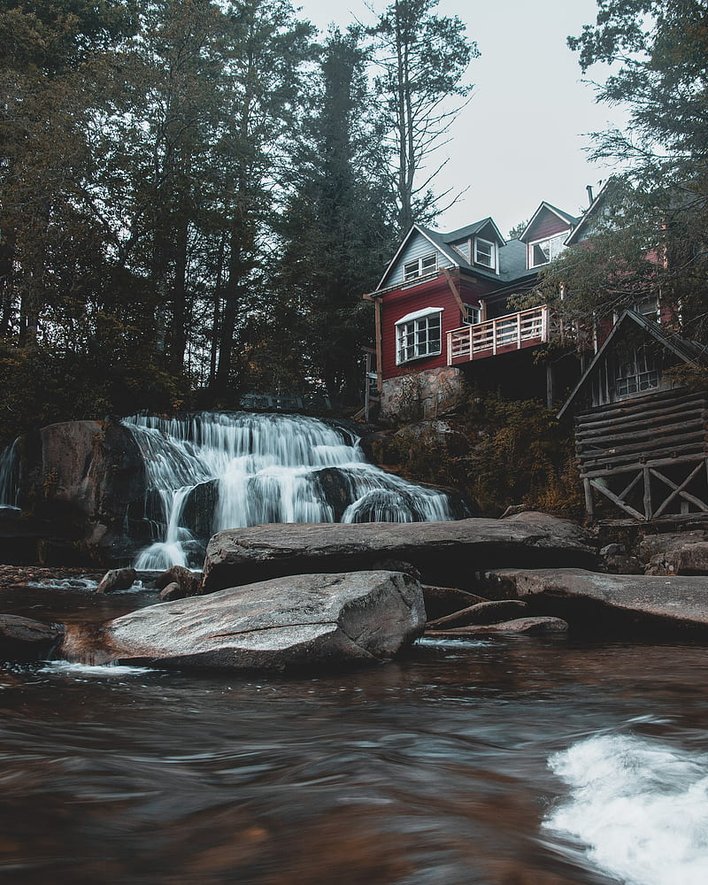house, waterfall, building, forest, HD phone wallpaper