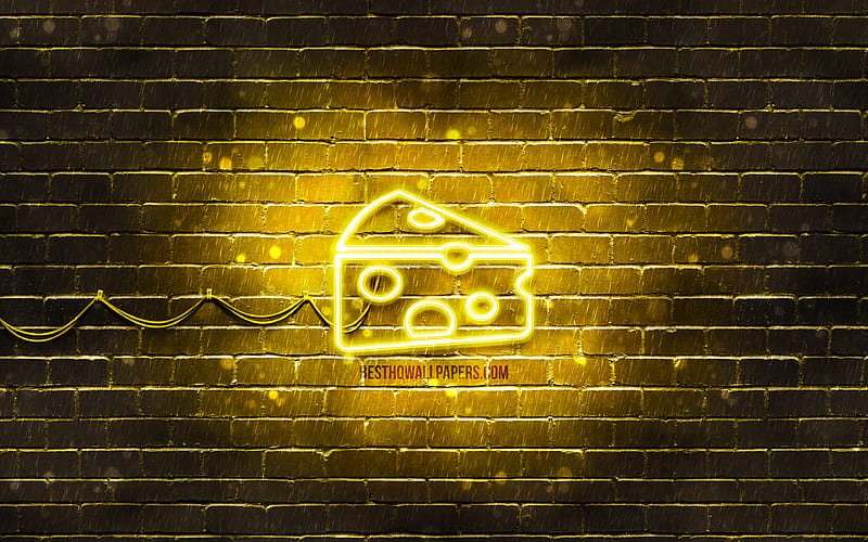 Cheese neon icon yellow background, neon symbols, Cheese, creative, neon icons, Cheese sign, food signs, Cheese icon, food icons, HD wallpaper