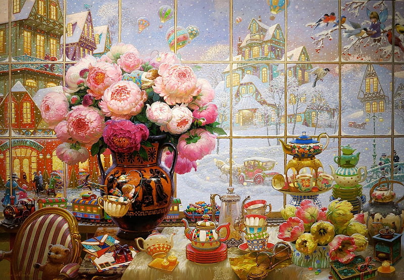Winter day, victor nizovtsev, art, rose, window, vase, fantasy, bird, bouquet, flower, pasari, painting, pink, pictura, HD wallpaper