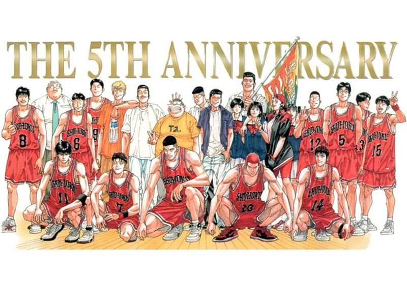 SlamDunk 5th Anniversary poster, slamdynk, shohoku, anime, basketball, team, HD wallpaper