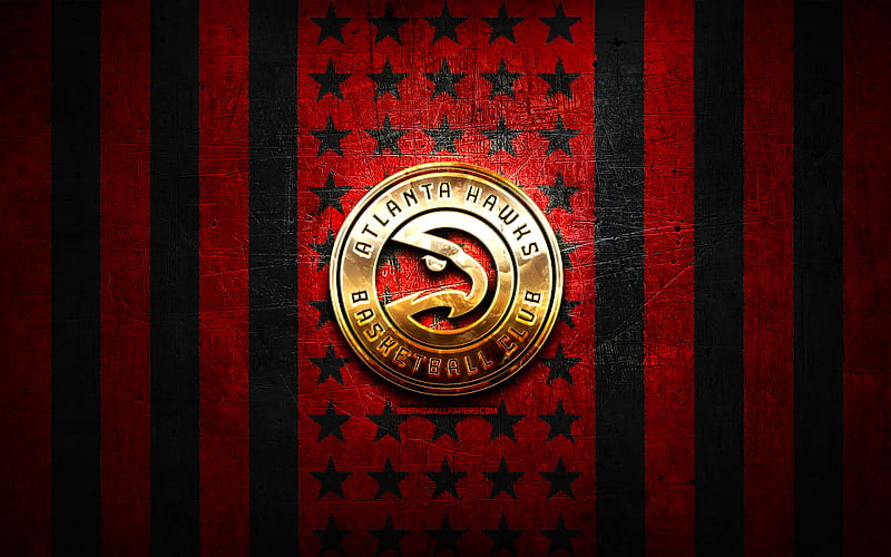 Atlanta Hawks flag, NBA, red black metal background, american basketball club, Atlanta Hawks logo, USA, basketball, golden logo, Atlanta Hawks, HD wallpaper