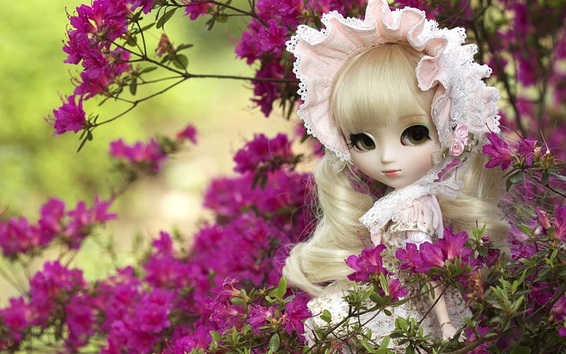 ɞɞ*Doll*ɞɞ, elegance, purple, flowers, blonde, garden, doll, HD wallpaper