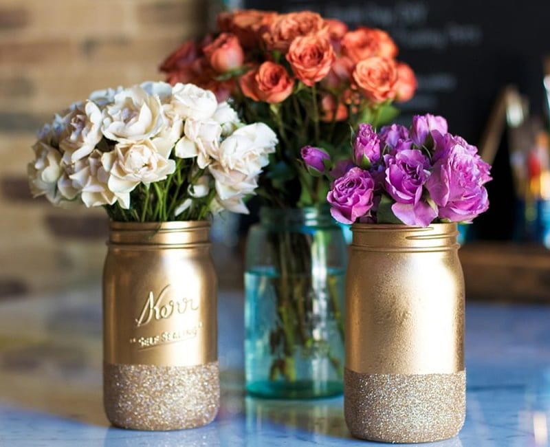 ░❀░, glitter, decoration, ideas, painted, roses, glass, vases, mason, crafting, flowers, hobby, jars, HD wallpaper