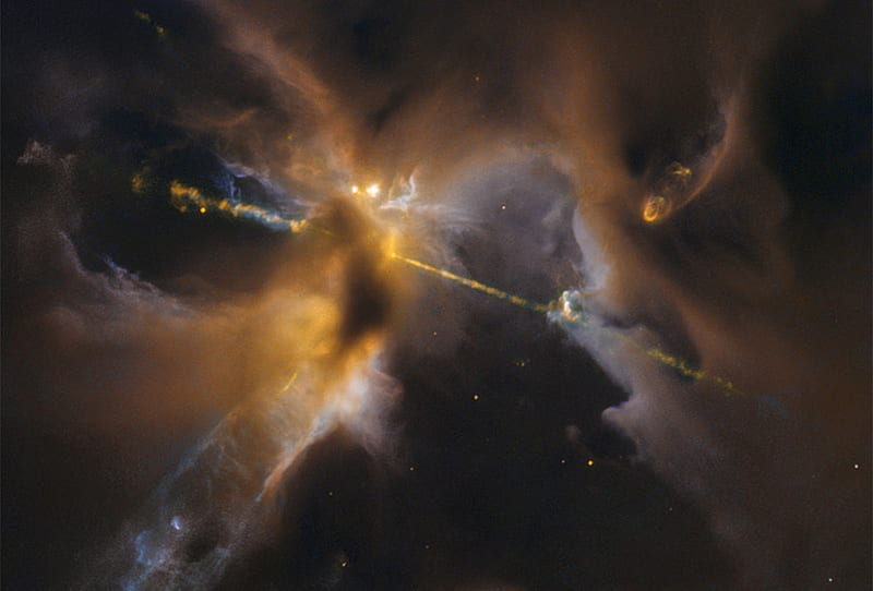 HH24, Knotted clumps called Herbig Haro objects, Orion, Young star, Energized gas streams, Surrounding gas and dust, Curved shock waves, HD wallpaper