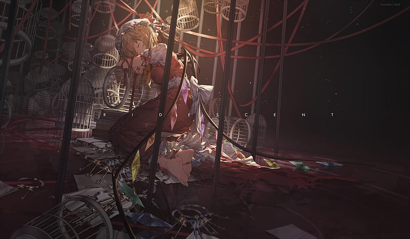 flandre scarlet, touhou, cages, sleeping, blonde, wings, Anime, HD wallpaper