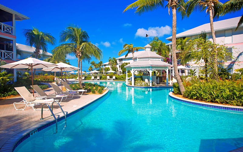 Pool, hotel, swimming pool, sky, garden furniture, palm trees, HD wallpaper