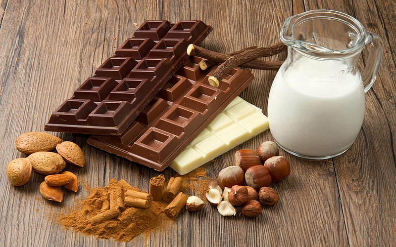 Chocolate...I love it !!!, walnuts, cynamon, chocolate, almonds, milk, HD wallpaper