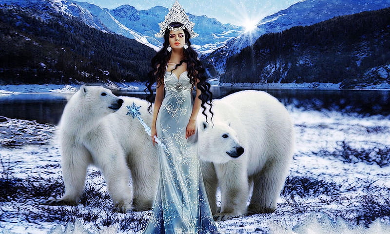 The Queen of Ice, Feminine, winter, cold, dreamy, polar bears, queen, Lady, fantasy, mountains, magical, ice, princess, HD wallpaper