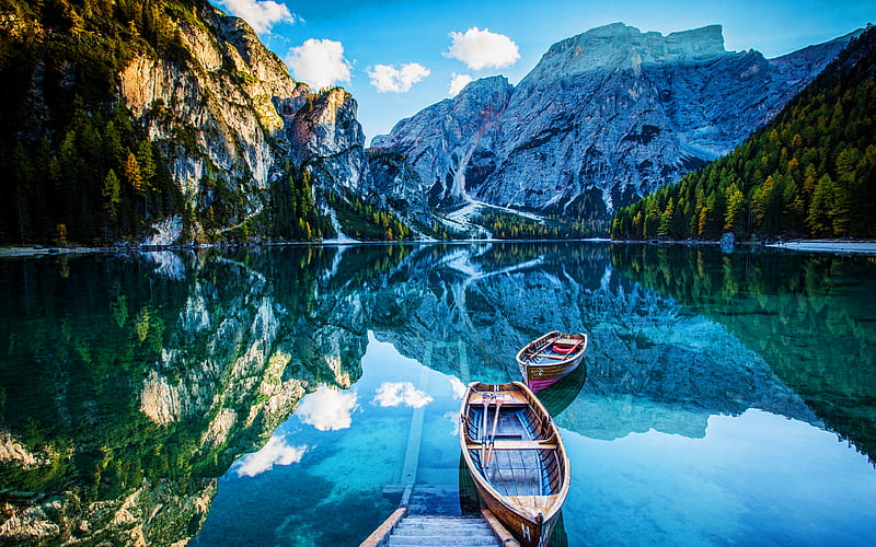 Lake Braies beautiful nature, mountain lake, mountains, Lago Di Braies, Pragser Wildsee, South Tyrol, Italy, Europe, Dolomites, italian nature, R, HD wallpaper