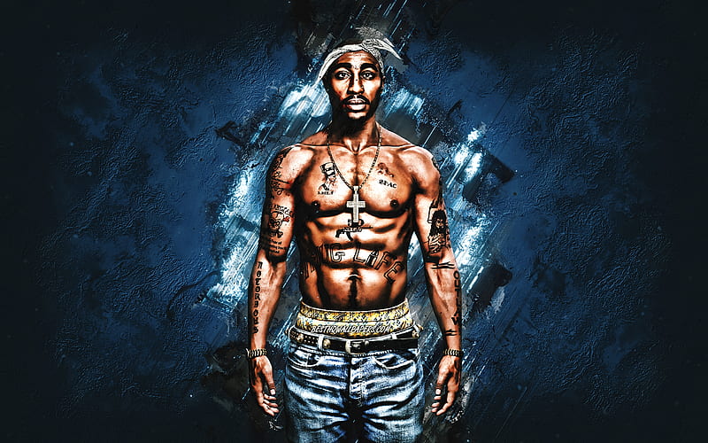 2Pac, Tupac Shakur, Lesane Parish Crooks, Makaveli, American rapper, portrait, blue stone background, HD wallpaper