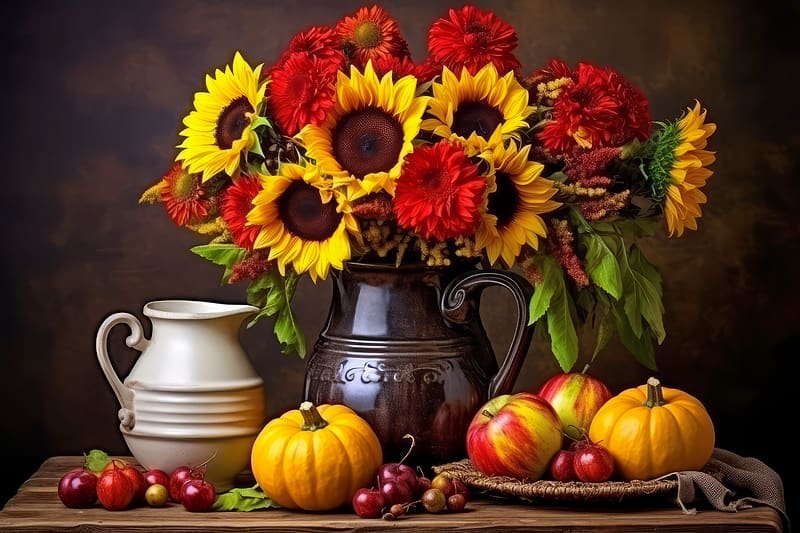 Autumn still life, composition, colorful, bouquet, fall, vase, beautiful, fruits, arrangement, pumpkins, still life, autumn, elegance, flowers, harmony, HD wallpaper
