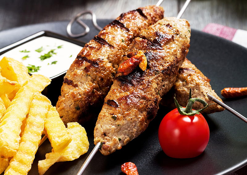 Food, Meat, Barbecue, Kebab, Tomato, HD wallpaper