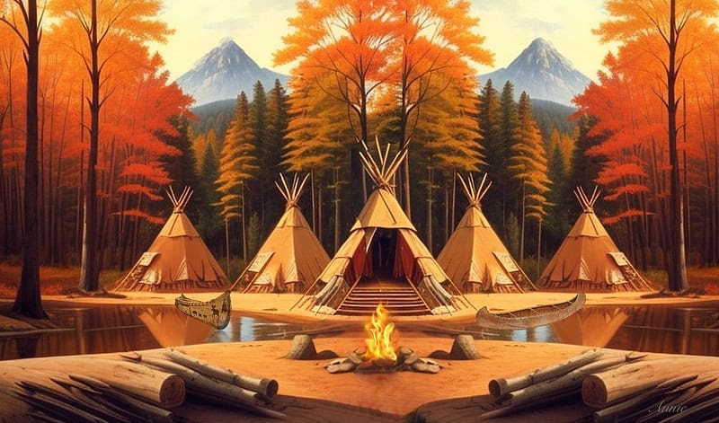 Native Village, trees, autumn, teepees, Native indian, AI, HD wallpaper