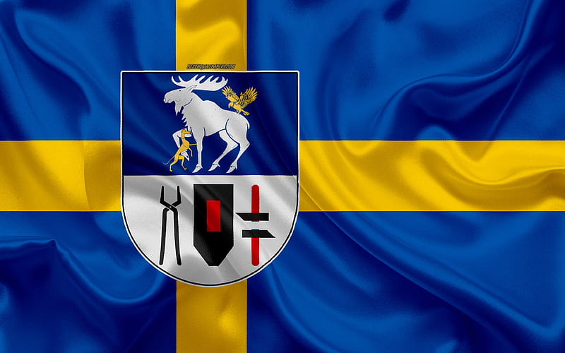 Coat of arms of Jamtland lan silk flag, Swedish flag, Jamtland County, Sweden, flags of the Swedish lan, silk texture, Jamtland lan, coat of arms, HD wallpaper