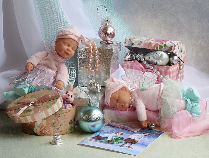 Still Life, pretty, dolls, christmas, box, bonito, cute, graphy, balls, pearls, toys, HD wallpaper