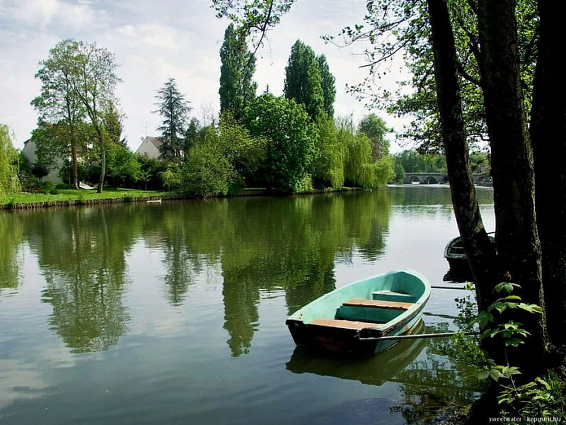 RIVER OF TRANQUILITY, rowboat, lakes, boats, waterscapes, serenity, trees, getaway, rivers, HD wallpaper