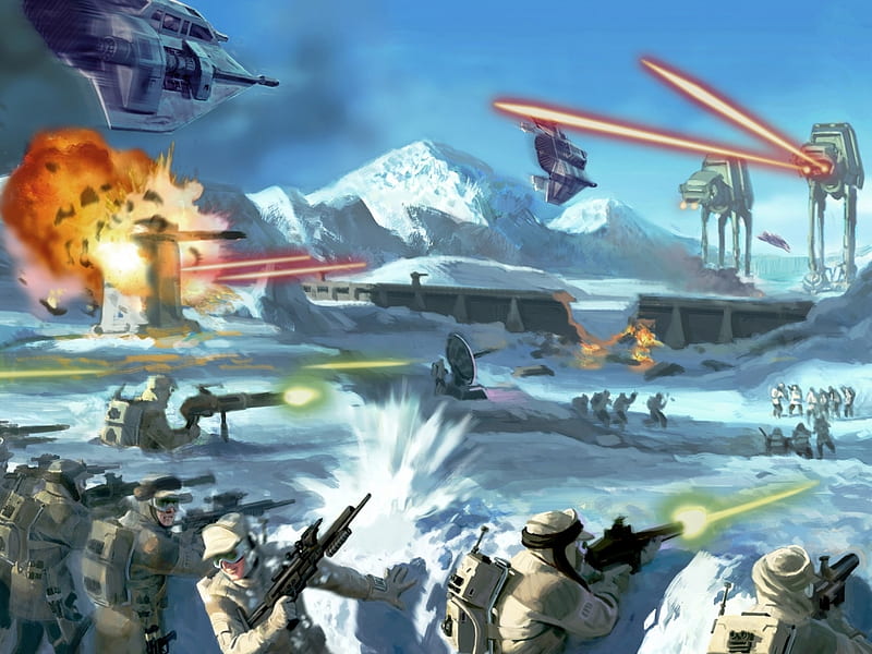 hoth battle, at ats, firing, explosion, snow speeders, weapons, fire, snow, mountains, blue sky, rebel troops, HD wallpaper