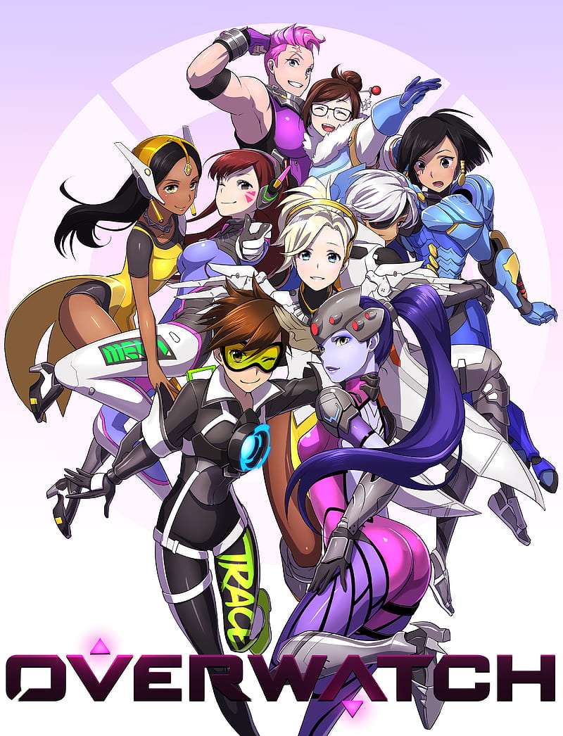 anime, anime girls, Overwatch, Ana (Overwatch), D.Va (Overwatch), Mei (Overwatch), Mercy (Overwatch), Pharah (Overwatch), Symmetra (Overwatch), Tracer (Overwatch), Widowmaker (Overwatch), Zarya (Overwatch), ass, bodysuit, headphones, no bra, tattoo, wings, long hair, short hair, pink hair, brunette, black hair, blonde, HD phone wallpaper