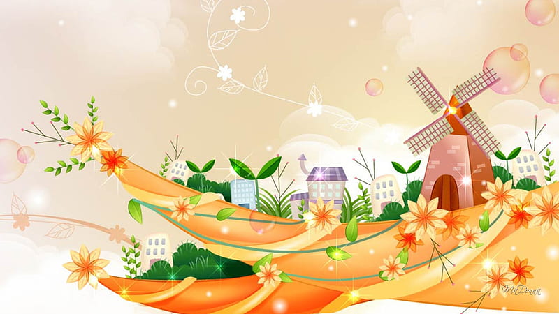 Windmill Fantasy World, windmill, fantasy, Netherlands, buildings, bubbles, flowers, Firefox Persona theme, floral, HD wallpaper