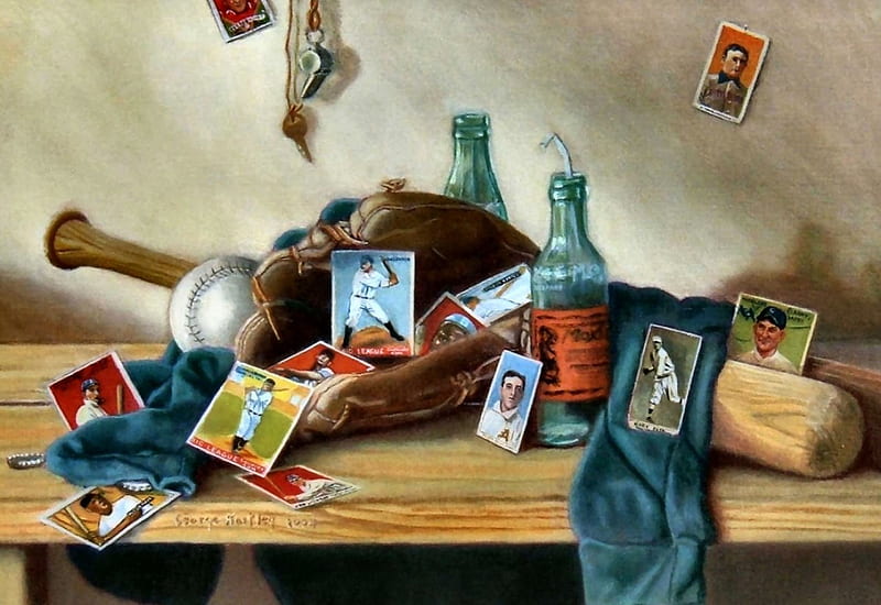 Collector's Fantasy , art, old master, George Hartley, bonito, mitt, artwork, still life, bat, painting, wide screen, Hartley, baseball, oldmaster, baseball cards, HD wallpaper