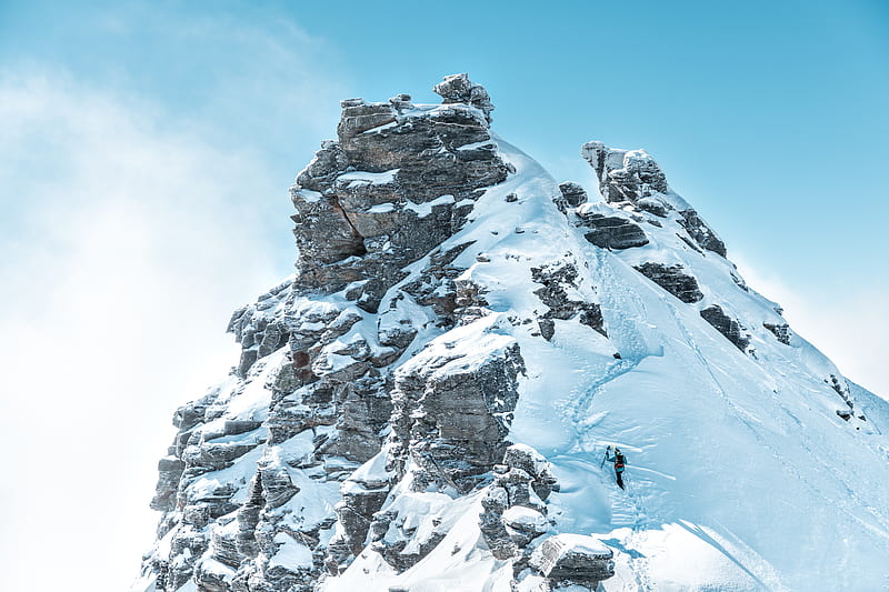 mountain, peak, climber, slope, snowy, HD wallpaper